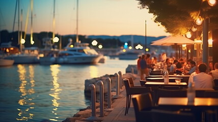 summer night in Yacht harbor blurred sea and city light reflection people silhouette relax in cafe on promenade