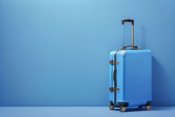 Traveler blue holiday journey suitcase vacation laggage trip travel background . AI Generative 