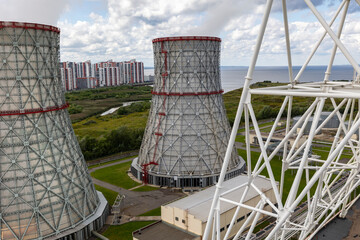 Russia. Saint-Petersburg. View of the equipment of the thermal power plant. Cooling towers.