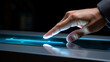 A hand pressing a button on a touchscreen interface. 