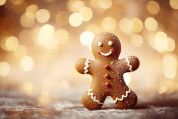 Cute Smiling Gingerbread Man on Blurred Light Background, Christmas Theme