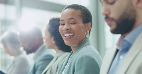 Poster - Face, smile and a business woman in a meeting with her colleagues for planning during a workshop. Portrait, audience and female employee in a conference for training or coaching with an employee team