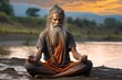 Indian Guru. Sadhu Meditation in front of a River.  Meditation. Yoga. A man with a long white beard sitting on a rock.  Old Indian Guru Meditation. Yoga Teacher. Guru. Background with a copy space. 