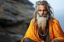 Indian Guru. Sadhu Meditation On A Mountain.  Meditation. Yoga. A Man With A Long White Beard Sitting On A Rock.  Old Indian Guru Meditation. Yoga Teacher. Guru. Hinduism. Buddhism. Wise Old Man. Sage