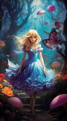 Wall Mural - a beautiful girl in the surreal world of wonders. Giant mushrooms and vibrant colors