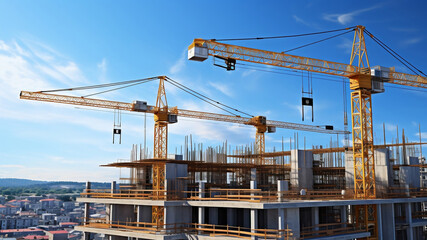 Wall Mural - Crane and building construction site against blue sky