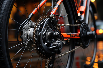 Sticker - Close-up of a bicycle sprocket and wheel chain. The concept of cycling, practicing cycling sports. Generative Ai.