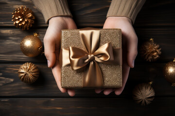 Canvas Print - Top view of hands holding a nicely wrapped gift on a wooden table background. Gift making concept. Generative Ai.