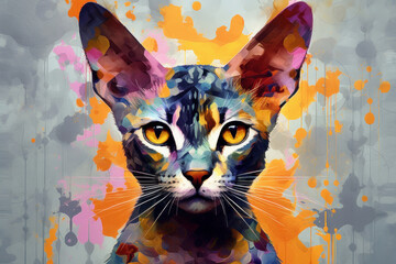 Wall Mural - Multi coloured illustration art, the head of a oriental cat painted with with splashes and splatters of paint