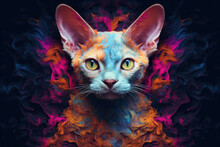 Colorful Art - The Head Of A Devon Rex Cat Painted With Spots Splashes Of Paint