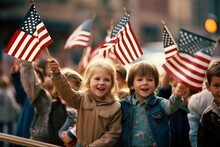 Group Of Children Waving An American Flag