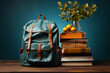 Full school backpack with books isolated on blue background with copy space. AI generative