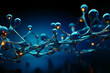 Horizontal banner with model of abstract molecular structure. Background of blue color with glass atom model. AI generative