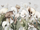 pattern wallpaper Calla lily flowers with butterflies in a landscape, drawn in a vintage style with a white background