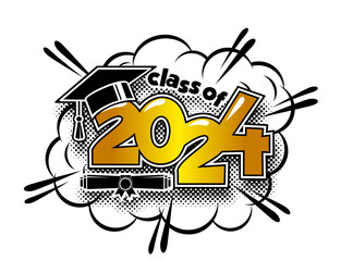 Wall Mural - 2024 class graduate header. Decorate congratulation for school graduates in comic cartoon style. Vector on transparent background