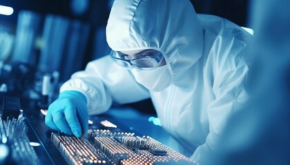 Poster - Scientist in Coveralls Working on a Processor Chip in a Laboratory. Generative ai