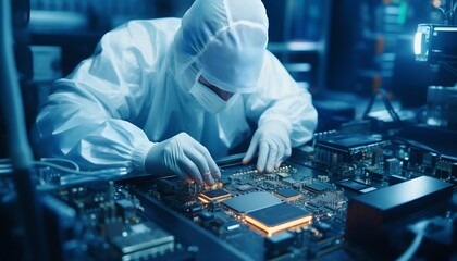 Poster - Scientist in Coveralls Working on a Processor Chip in a Laboratory. Generative ai