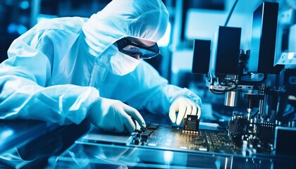 Poster - Scientist in Coveralls Working on a Processor Chip in a Laboratory. Generative ai