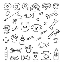 Hand Drawn Vet Icons. Pet Shop Or Store Concept. Caring For Animals Dogs, Cats. Pets Stuff And Supply Set