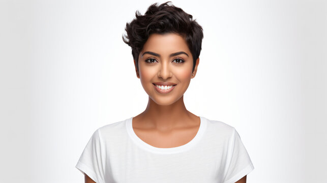 portrait of an attractive indian female in her 30s with a short brown hair isolated against a white background