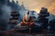 Indian Guru. Sadhu Meditation on a Mountain.  Meditation. Yoga. A man with a long white beard sitting on a rock.  Old Indian Guru Meditation. Yoga Teacher. Guru. Background with a copy space. 