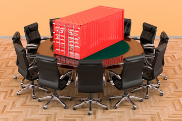 Poster - Round table with cargo container and armchairs around, 3D rendering