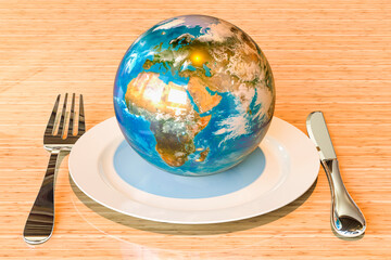 Poster - Dinner plate with Earth Globe. International cuisine concept, 3D rendering