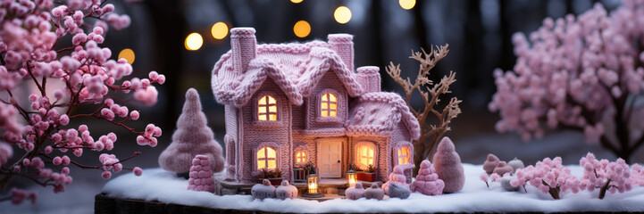 Sticker - Panoramic scene with crocheted pink Christmas house Lantern