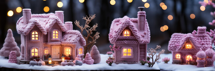 Canvas Print - Panoramic Handmade knitted pink Christmas houses  decoration. 