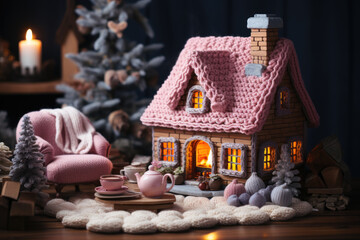 Sticker - Handmade knitted pink Christmas house.