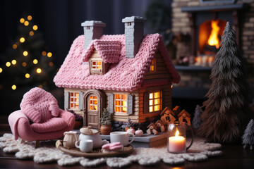 Canvas Print - Handmade knitted pink Christmas house and decoration. 