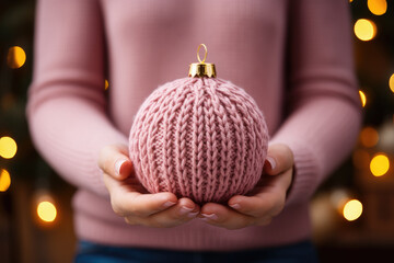 Poster - Handmade knitted pink Christmas bauble in woman hands. 