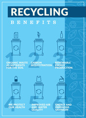 Wall Mural - Blue vertical poster with recycling benefits icons Vector illustration