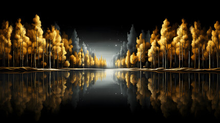 Wall Mural - Golden trees reflected in lake on black sky background. Modern canvas art with golden yellow forest 
