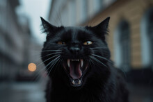 Angry Black Cat Hissing At City Street
