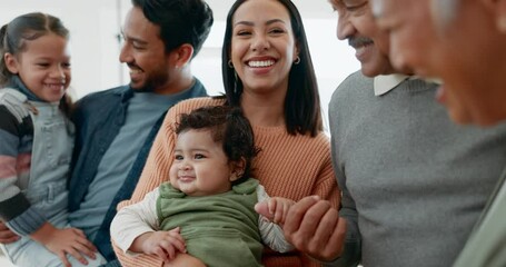 Sticker - Family, baby and happy people at home with love, care and happiness. Young parents, grandparents and children on a sofa in a living room for quality time, bonding and visit while laughing together