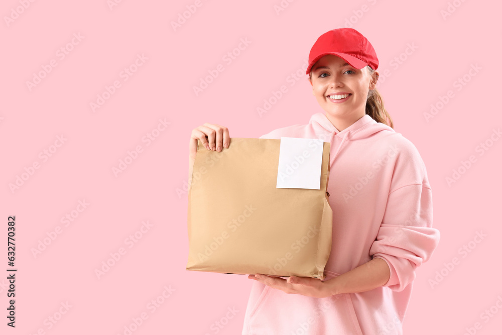 Female courier with paper bag on pink background