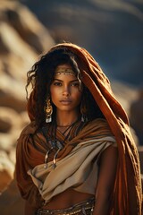 portrait of a beautiful and mysterious woman covered in a oriental chador, a lonely female nomad in a desert landscape