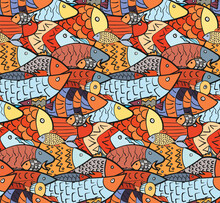 Cute Seamless Pattern With Mess Of Bright Red And Blue Overlay Decorated Fishes. Stylized Doodle Bright Aquarium Or River Fish Texture For Kids Textile, Swimwear, Wrapping Paper, Background, Surface