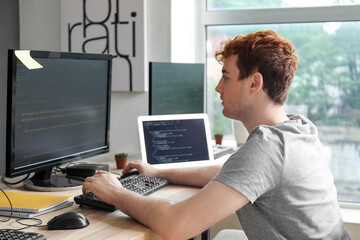 Canvas Print - Male programmer working with computer at table in office