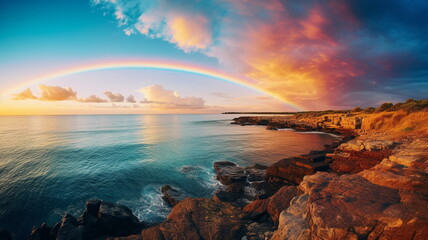 Wall Mural - beautiful rainbow on sea at  sunset sky  wild field and flowers  field nature landscape 