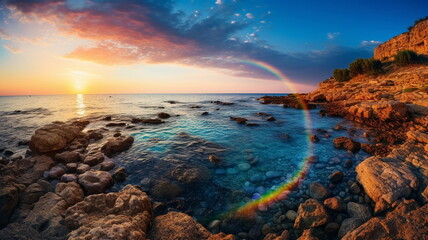 Wall Mural - beautiful rainbow on sea at  sunset sky  wild field and flowers  field nature landscape 