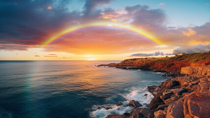 Wall Mural - beautiful rainbow on sea at  sunset sky  wild field and flowers  field nature landscape 