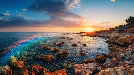 Wall Mural - beautiful rainbow on sea at  sunset sky  wild field and flowers  field nature landscape 