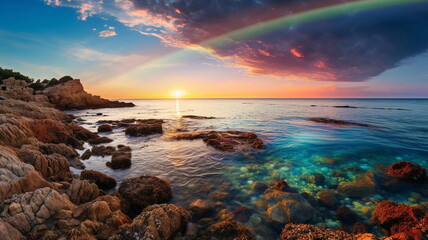 Wall Mural - beautiful rainbow on sea at  sunset sky  wild field and flowers  field nature landscape 