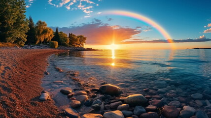 Wall Mural - beautiful rainbow on sea at  sunset sky  wild field and flowers  field nature landscape 