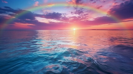Wall Mural - beautiful rainbow on sea at  sunset sky  wild field and flowers  field nature landscape 