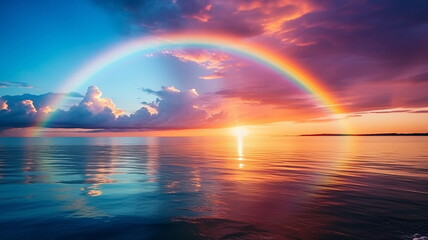 Wall Mural - beautiful rainbow on sea at  sunset sky  wild field and flowers  field nature landscape 