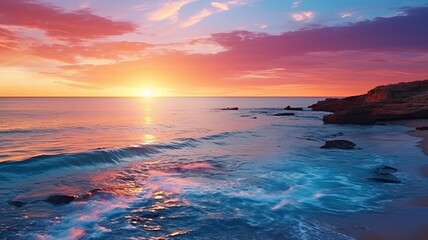 Wall Mural - beautiful rainbow on sea at  sunset sky  wild field and flowers  field nature landscape 