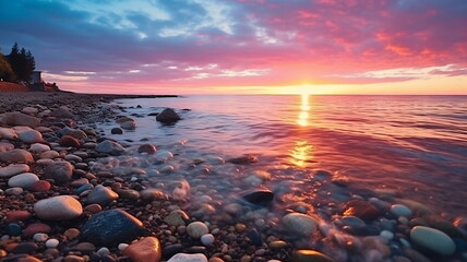 Wall Mural - beautiful rainbow on sea at  sunset sky  wild field and flowers  field nature landscape 